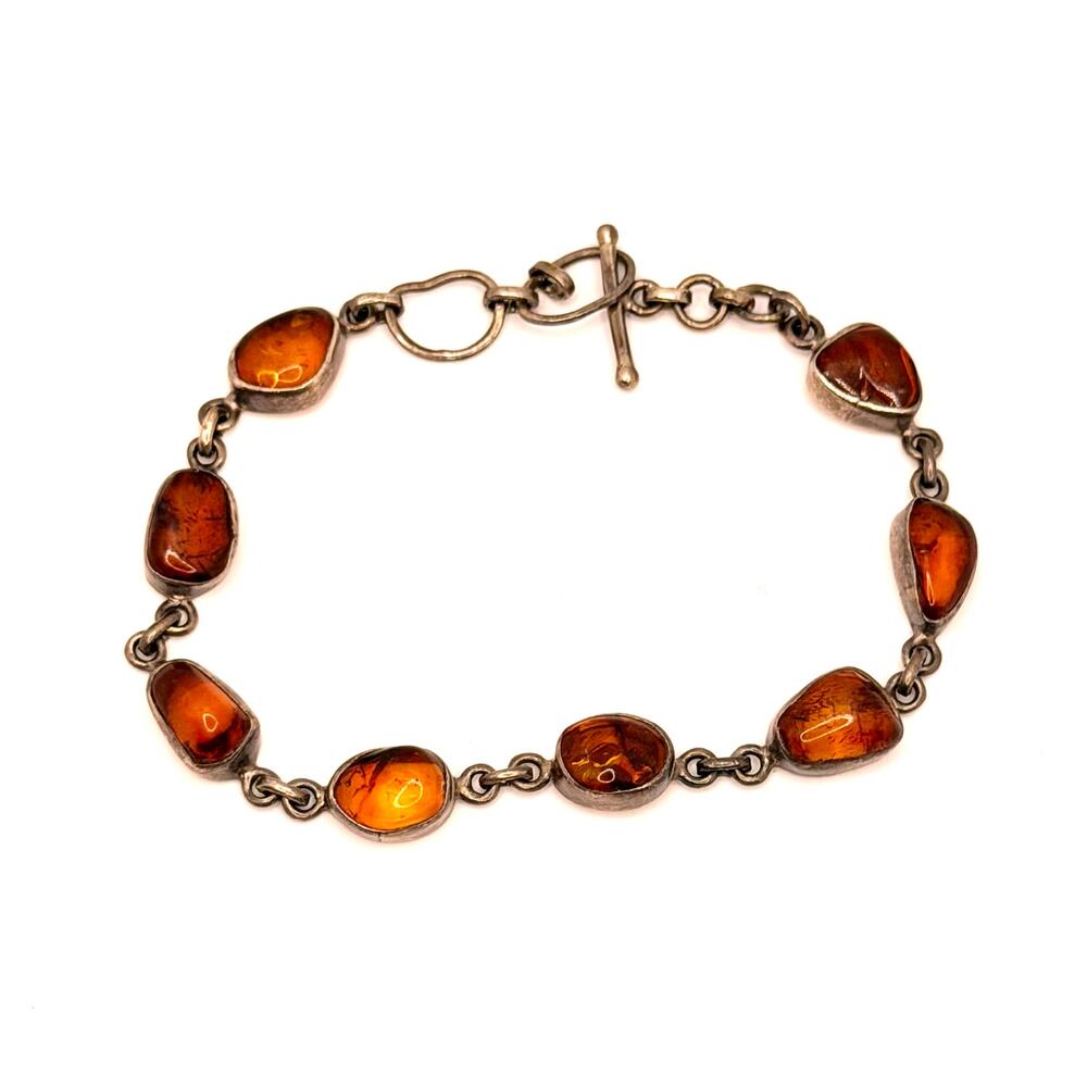 Vintage 90s Baltic Amber Sterling Silver Bezel Link Bracelet